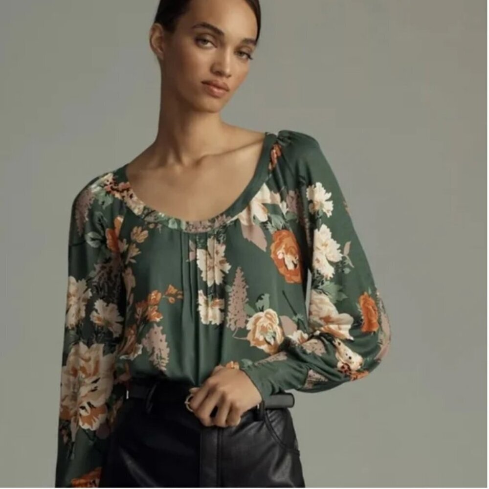 NWT Anthropologie Tiny Scoop-Neck Raglan Green Floral Long Sleeve Top Sz Small
